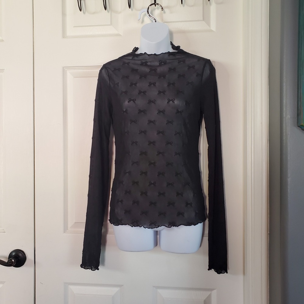 American Eagle Long Sleeves Mock-Neck Mesh Bow Blouse Sheer Goth Fairy Witchy M